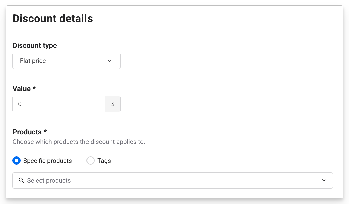 Form for entering discount details including type, value, and applicable products.